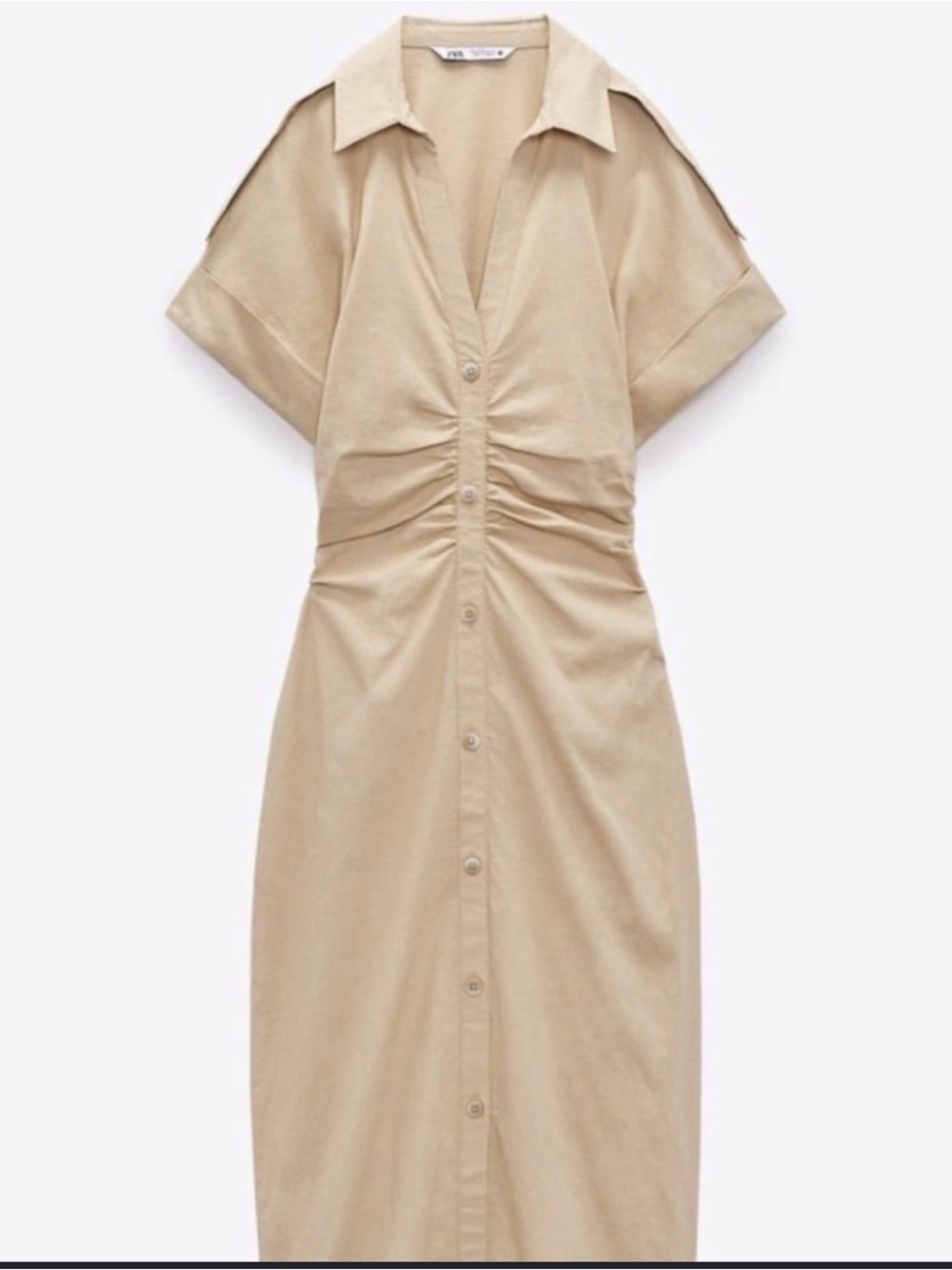 Zara Neutral Beige Button-Front Maxi Dress with Ruched Waist